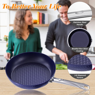 Frying Pan Sets Non Stick 3Pieces Blue 3D Diamond Cookware - 7DAY'S