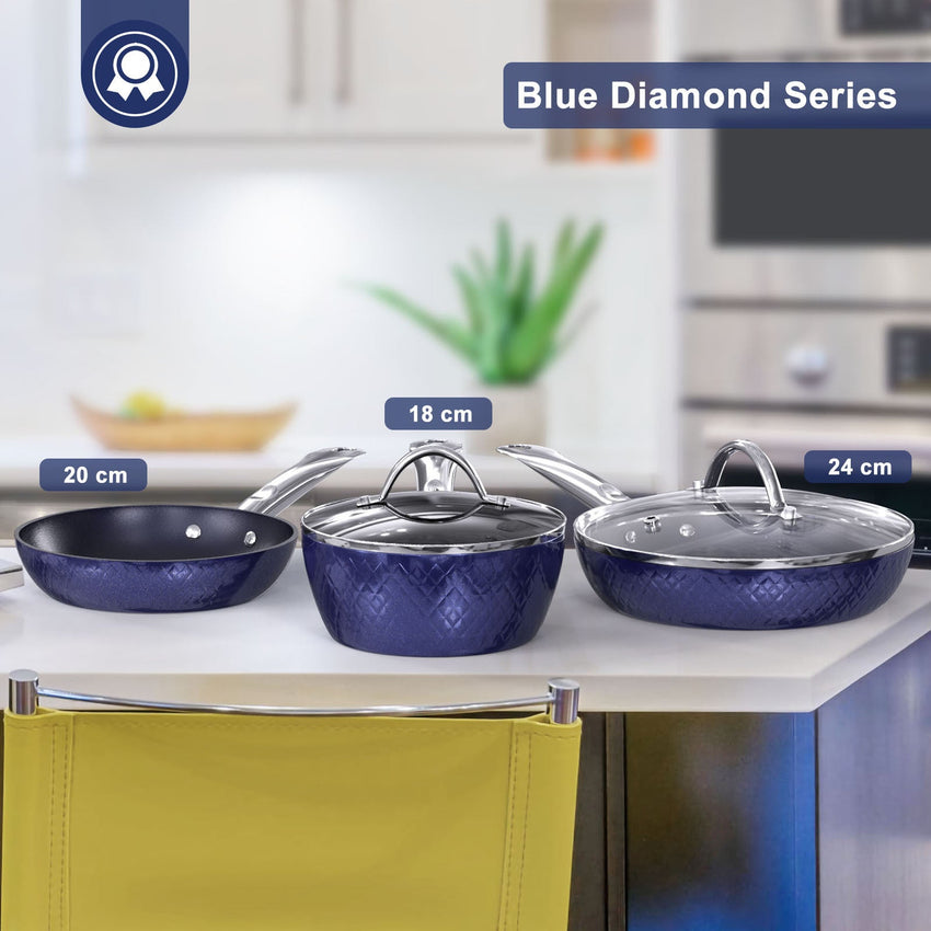 Frying Pan Sets Non Stick 3Pieces Blue 3D Diamond Cookware - 7DAY'S