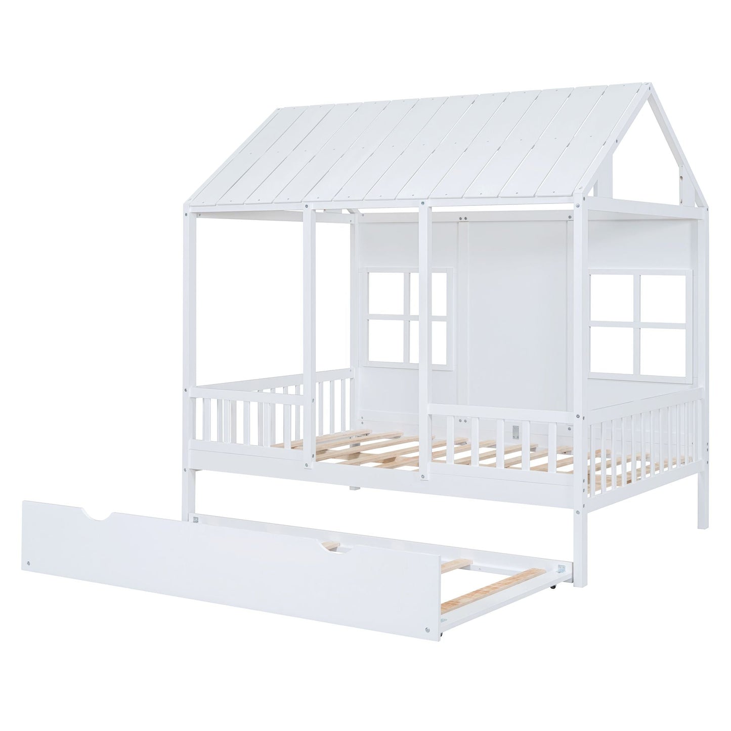 Full Size Wood House Bed With Twin Size Trundle, Wooden Daybed - 7DAY'S