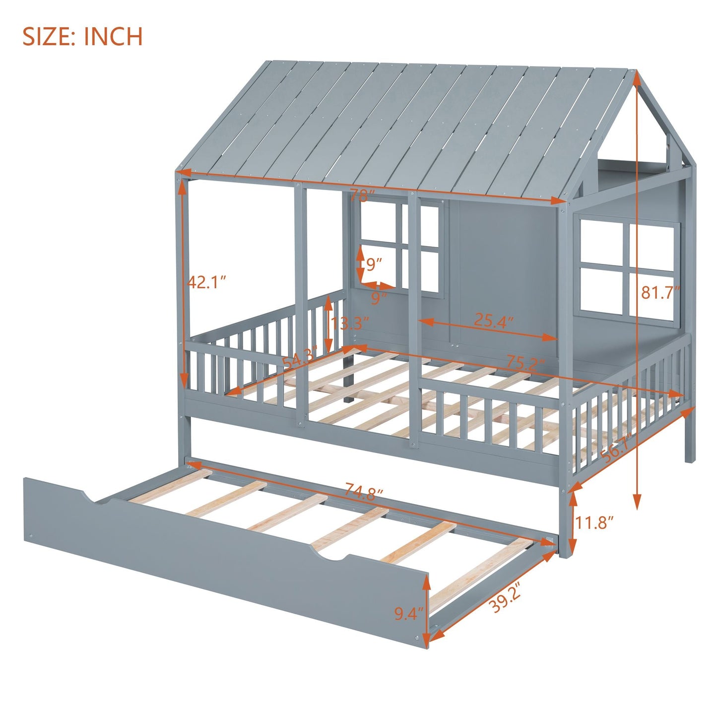 Full Size Wood House Bed With Twin Size Trundle, Wooden Daybed - 7DAY'S