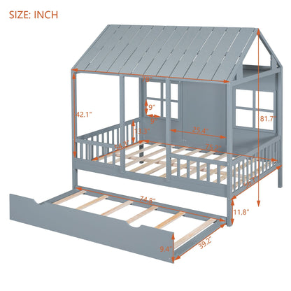 Full Size Wood House Bed With Twin Size Trundle, Wooden Daybed - 7DAY'S