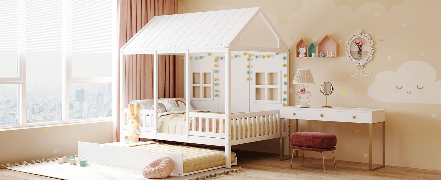 Full Size Wood House Bed With Twin Size Trundle, Wooden Daybed - 7DAY'S