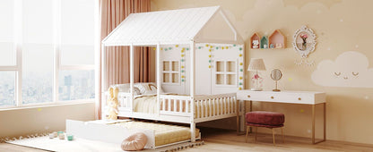 Full Size Wood House Bed With Twin Size Trundle, Wooden Daybed - 7DAY'S