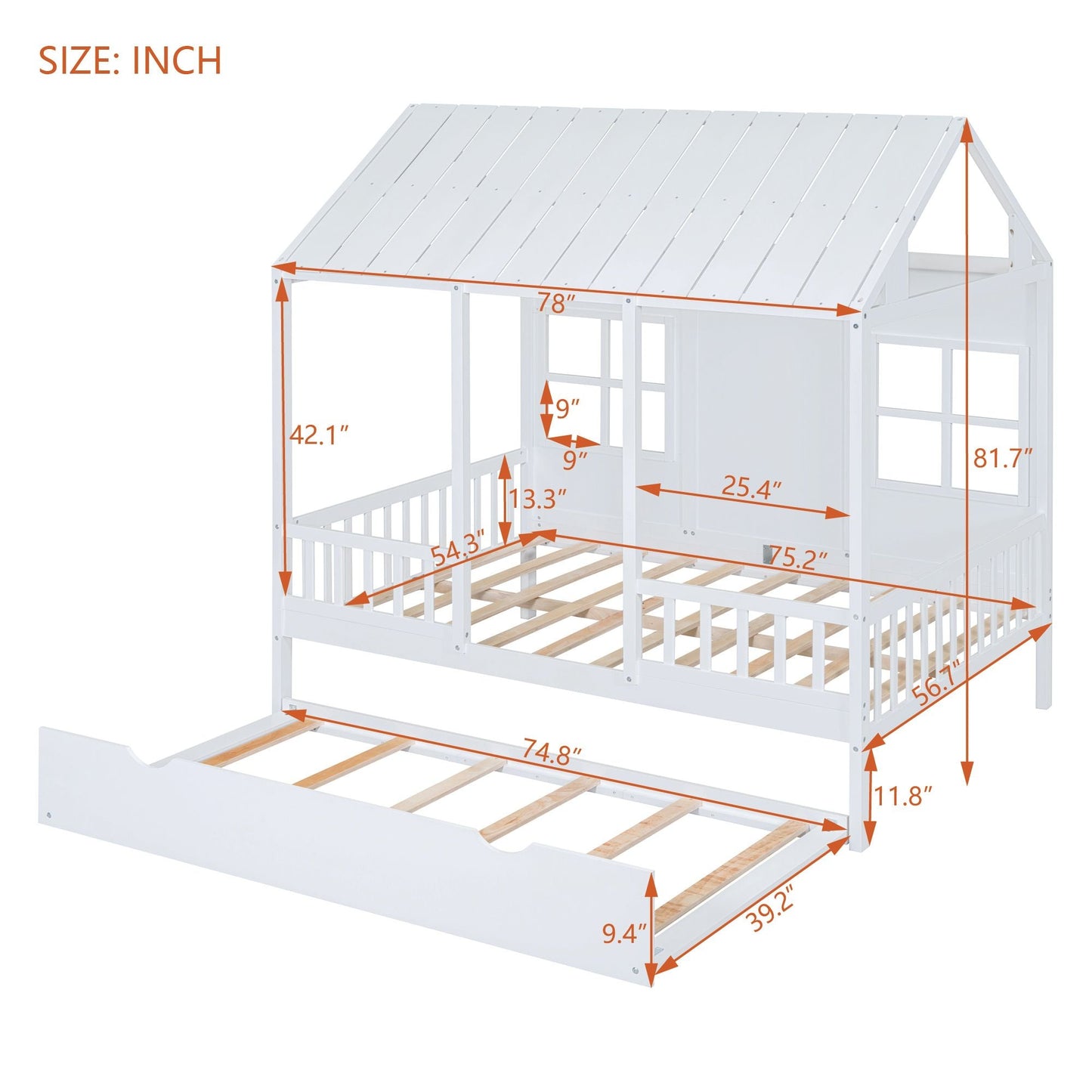 Full Size Wood House Bed With Twin Size Trundle, Wooden Daybed - 7DAY'S