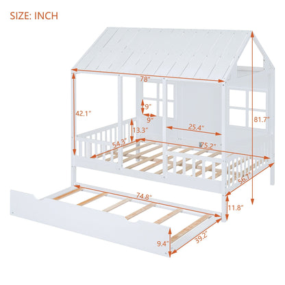Full Size Wood House Bed With Twin Size Trundle, Wooden Daybed - 7DAY'S