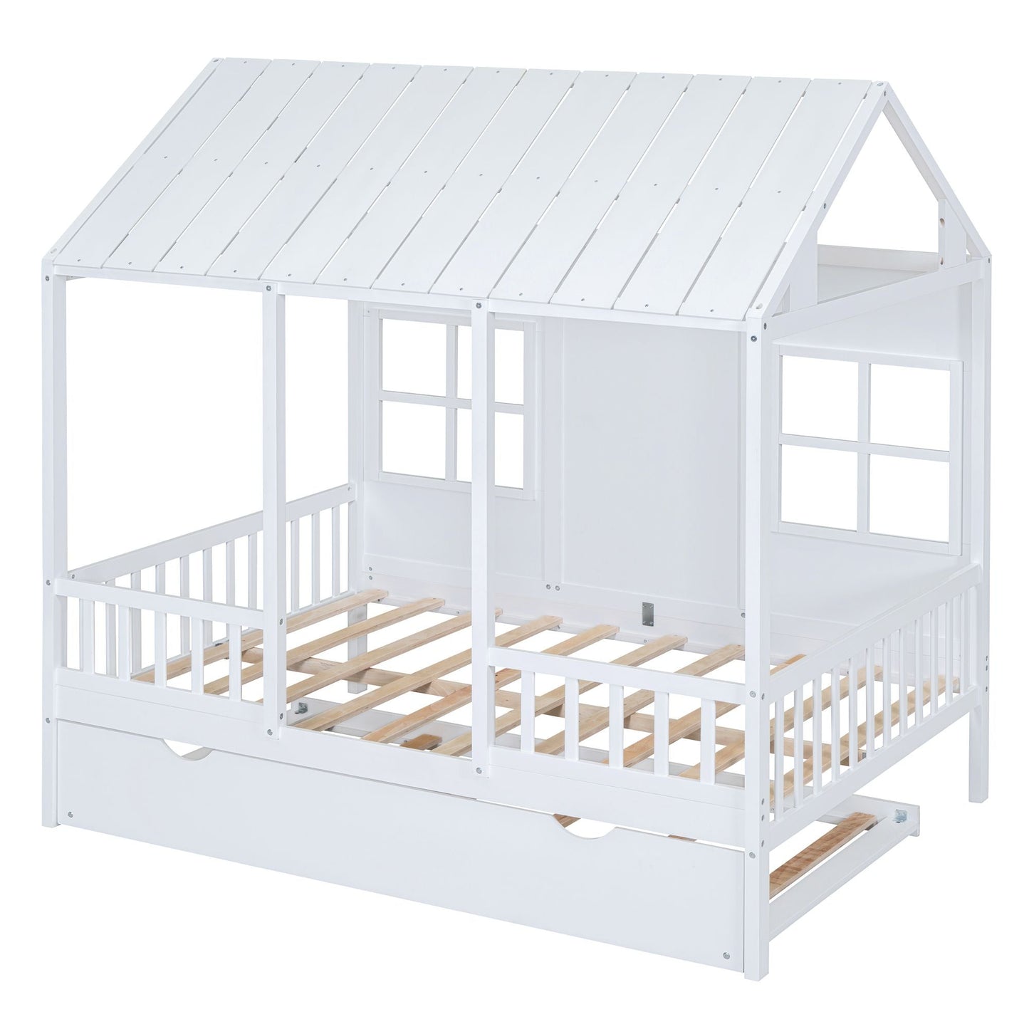 Full Size Wood House Bed With Twin Size Trundle, Wooden Daybed - 7DAY'S