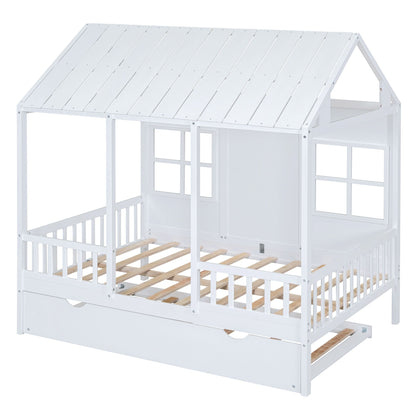Full Size Wood House Bed With Twin Size Trundle, Wooden Daybed - 7DAY'S