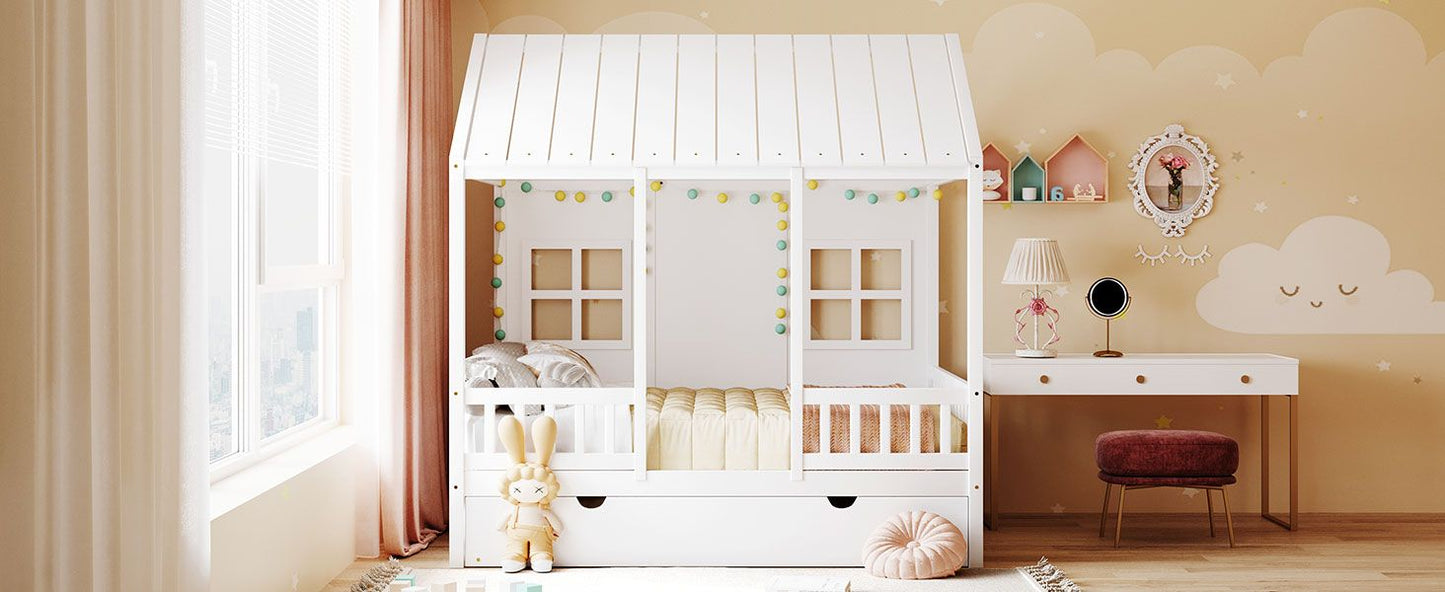 Full Size Wood House Bed With Twin Size Trundle, Wooden Daybed - 7DAY'S