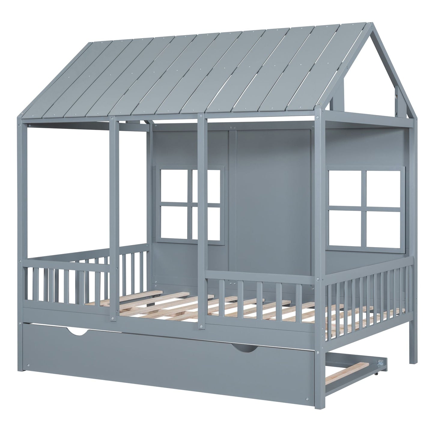 Full Size Wood House Bed With Twin Size Trundle, Wooden Daybed - 7DAY'S