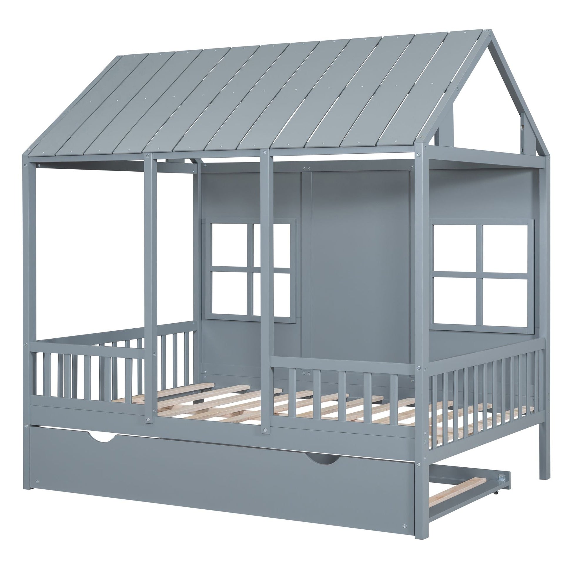 Full Size Wood House Bed With Twin Size Trundle, Wooden Daybed - 7DAY'S