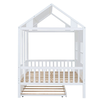 Full Size Wood House Bed With Twin Size Trundle, Wooden Daybed - 7DAY'S