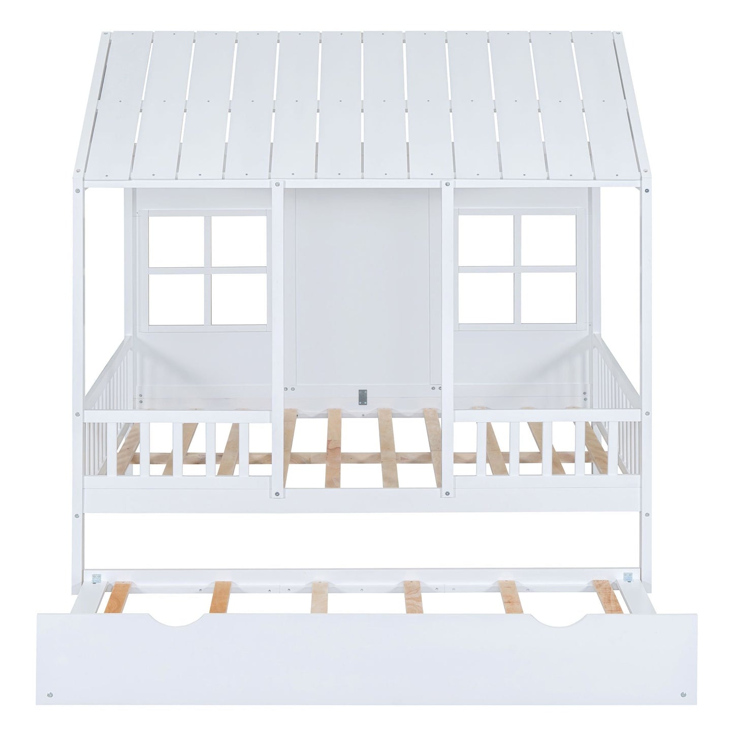 Full Size Wood House Bed With Twin Size Trundle, Wooden Daybed - 7DAY'S