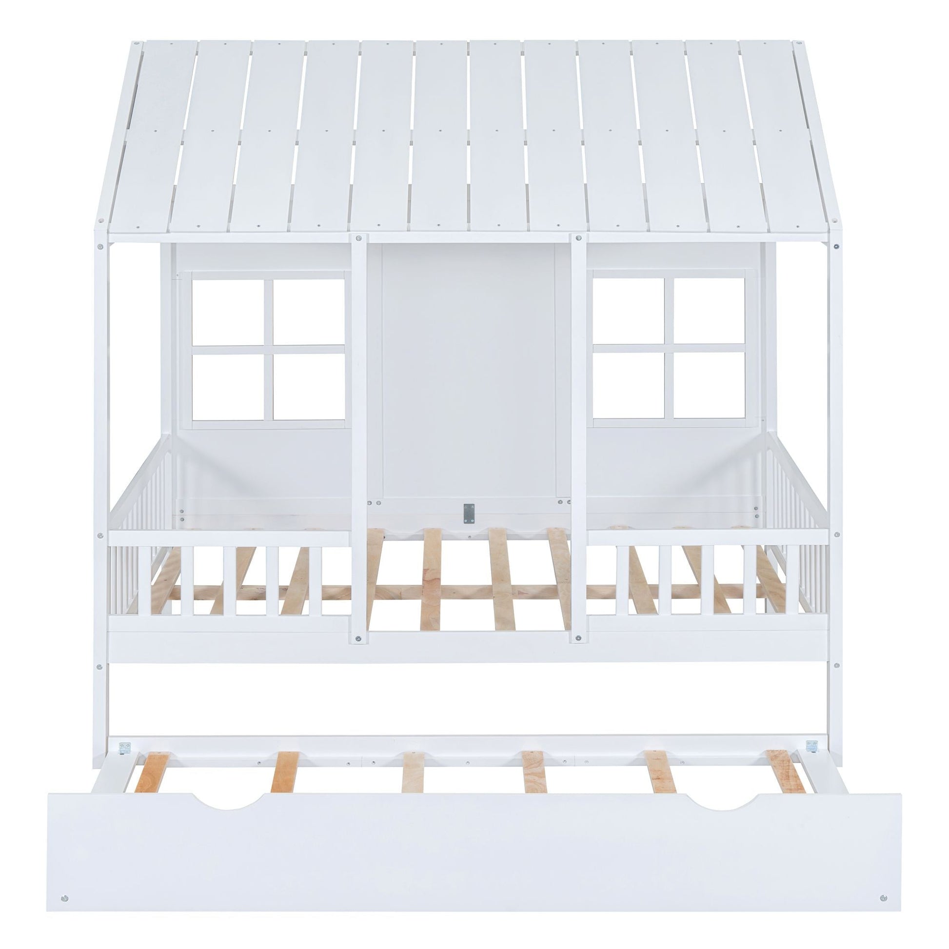 Full Size Wood House Bed With Twin Size Trundle, Wooden Daybed - 7DAY'S