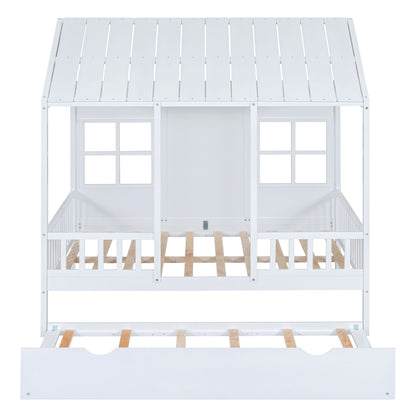 Full Size Wood House Bed With Twin Size Trundle, Wooden Daybed - 7DAY'S
