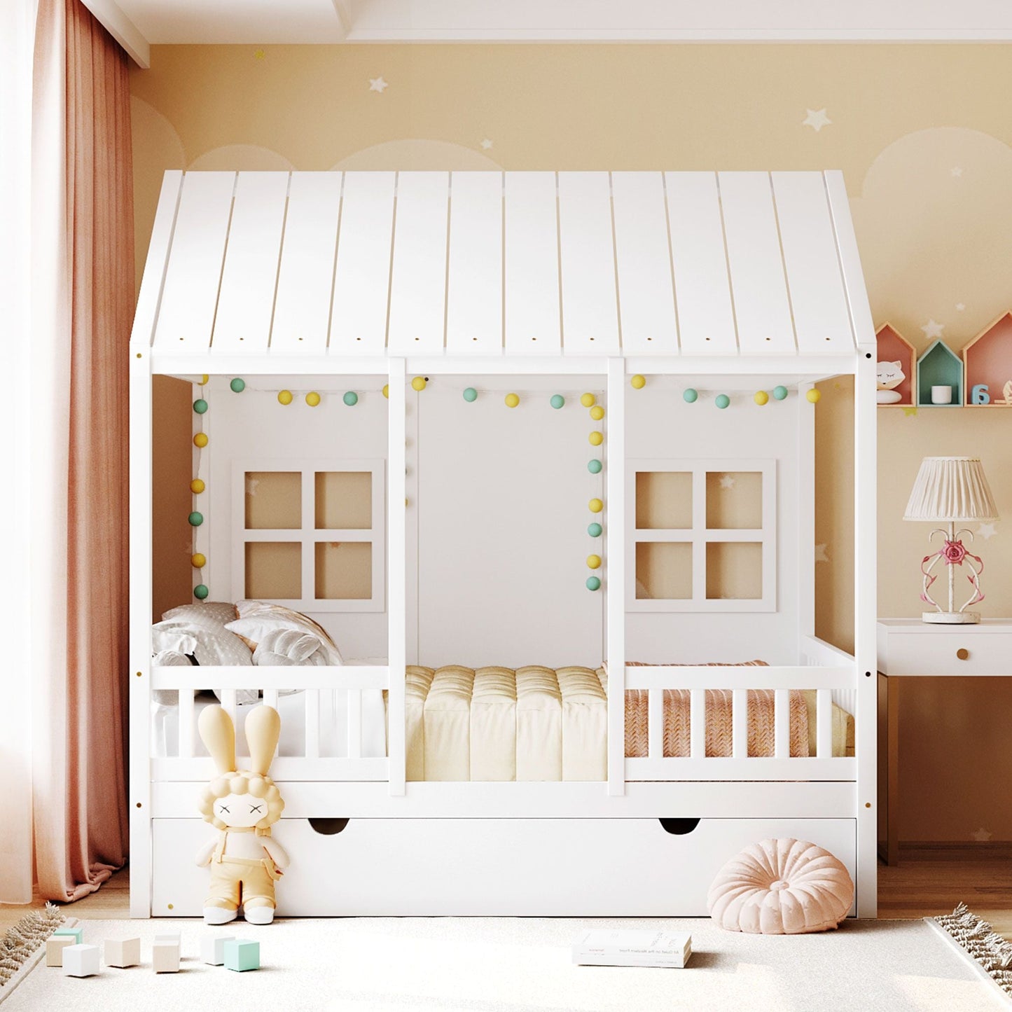 Full Size Wood House Bed With Twin Size Trundle, Wooden Daybed - 7DAY'S