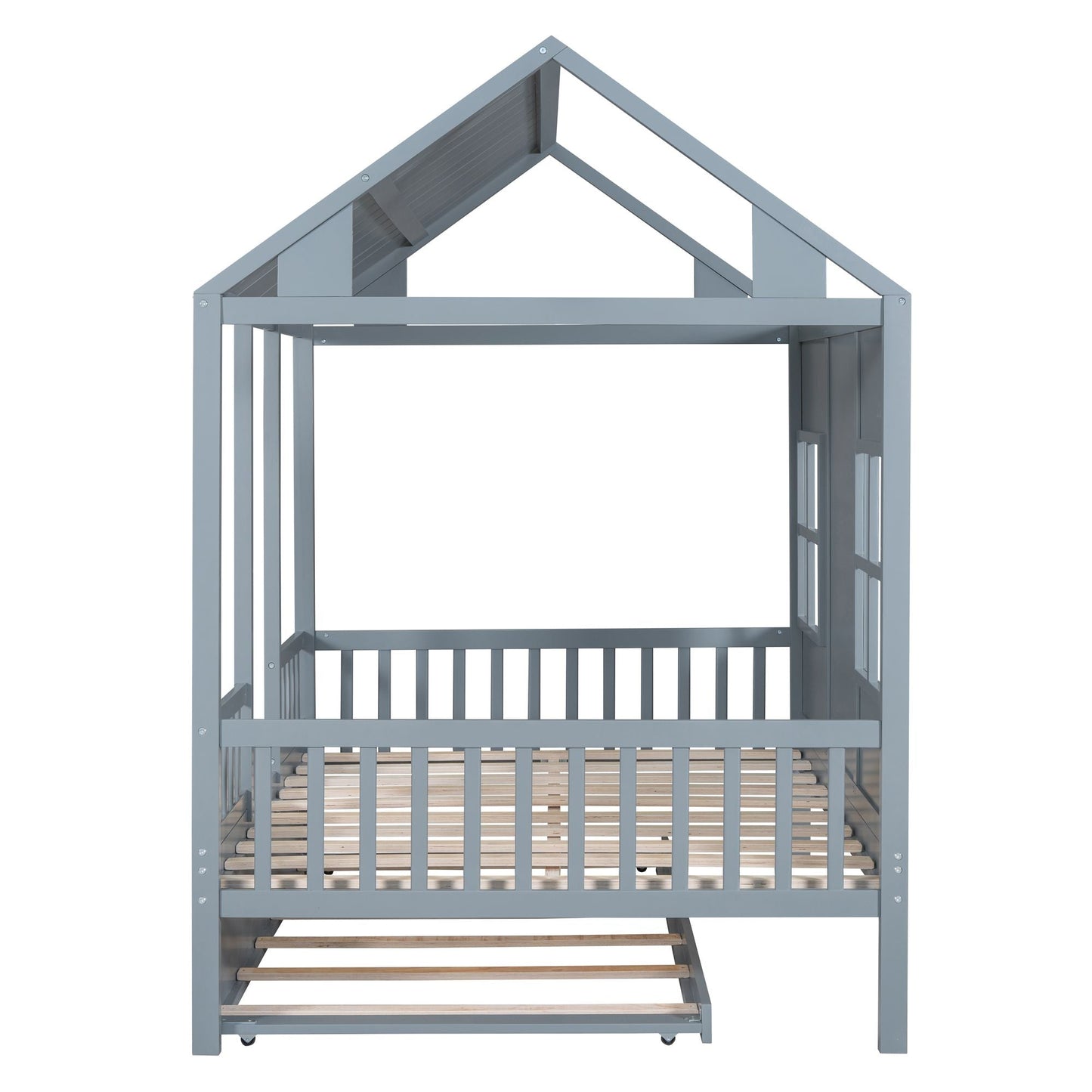Full Size Wood House Bed With Twin Size Trundle, Wooden Daybed - 7DAY'S