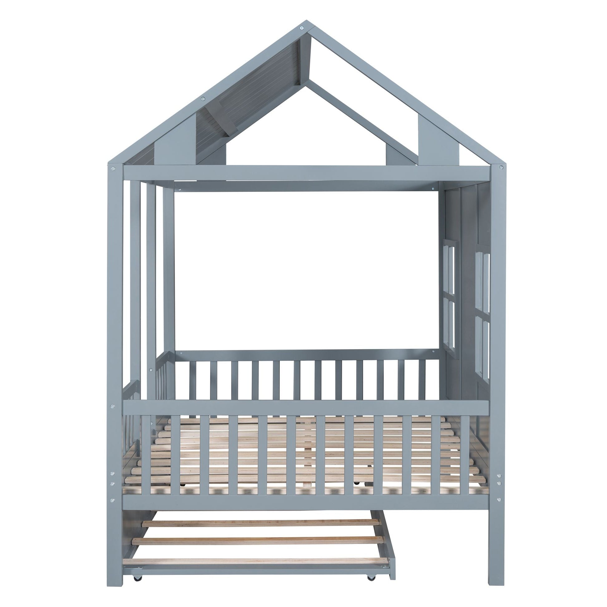 Full Size Wood House Bed With Twin Size Trundle, Wooden Daybed - 7DAY'S