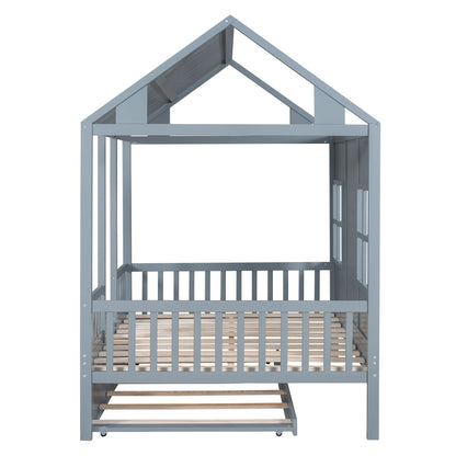 Full Size Wood House Bed With Twin Size Trundle, Wooden Daybed - 7DAY'S