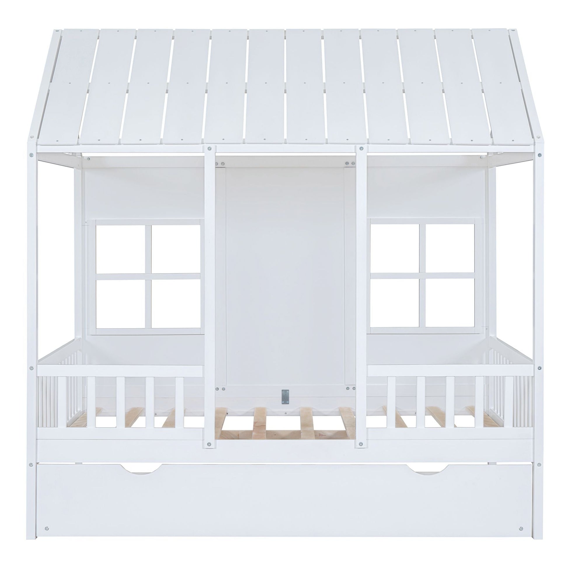 Full Size Wood House Bed With Twin Size Trundle, Wooden Daybed - 7DAY'S