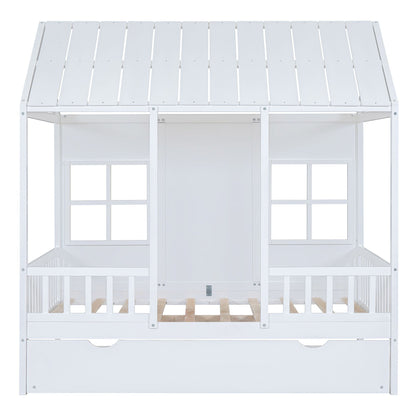 Full Size Wood House Bed With Twin Size Trundle, Wooden Daybed - 7DAY'S