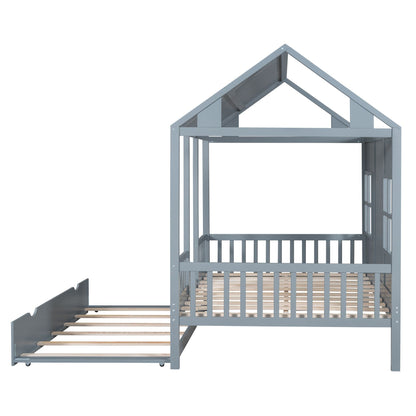 Full Size Wood House Bed With Twin Size Trundle, Wooden Daybed - 7DAY'S