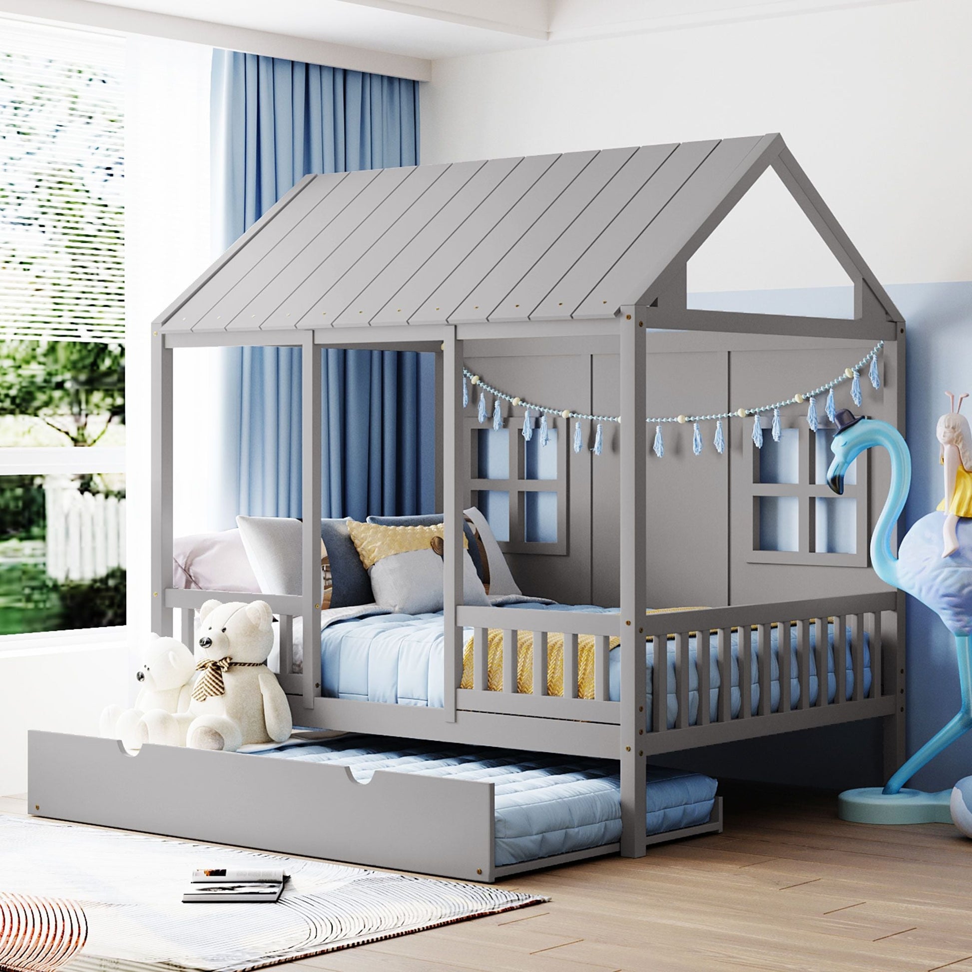 Full Size Wood House Bed With Twin Size Trundle, Wooden Daybed - 7DAY'S