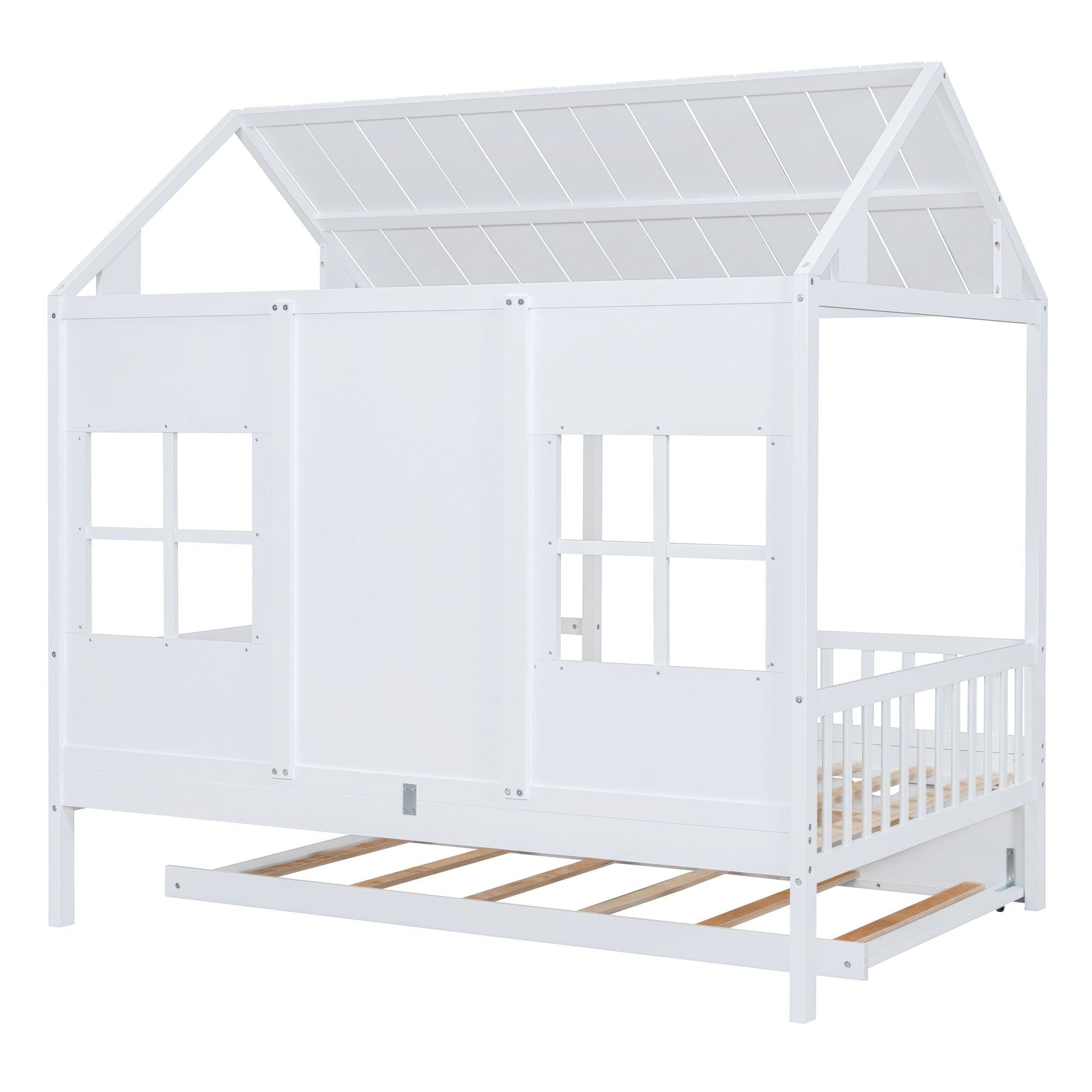 Full Size Wood House Bed With Twin Size Trundle, Wooden Daybed - 7DAY'S