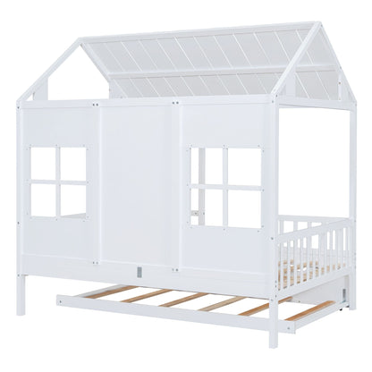 Full Size Wood House Bed With Twin Size Trundle, Wooden Daybed - 7DAY'S