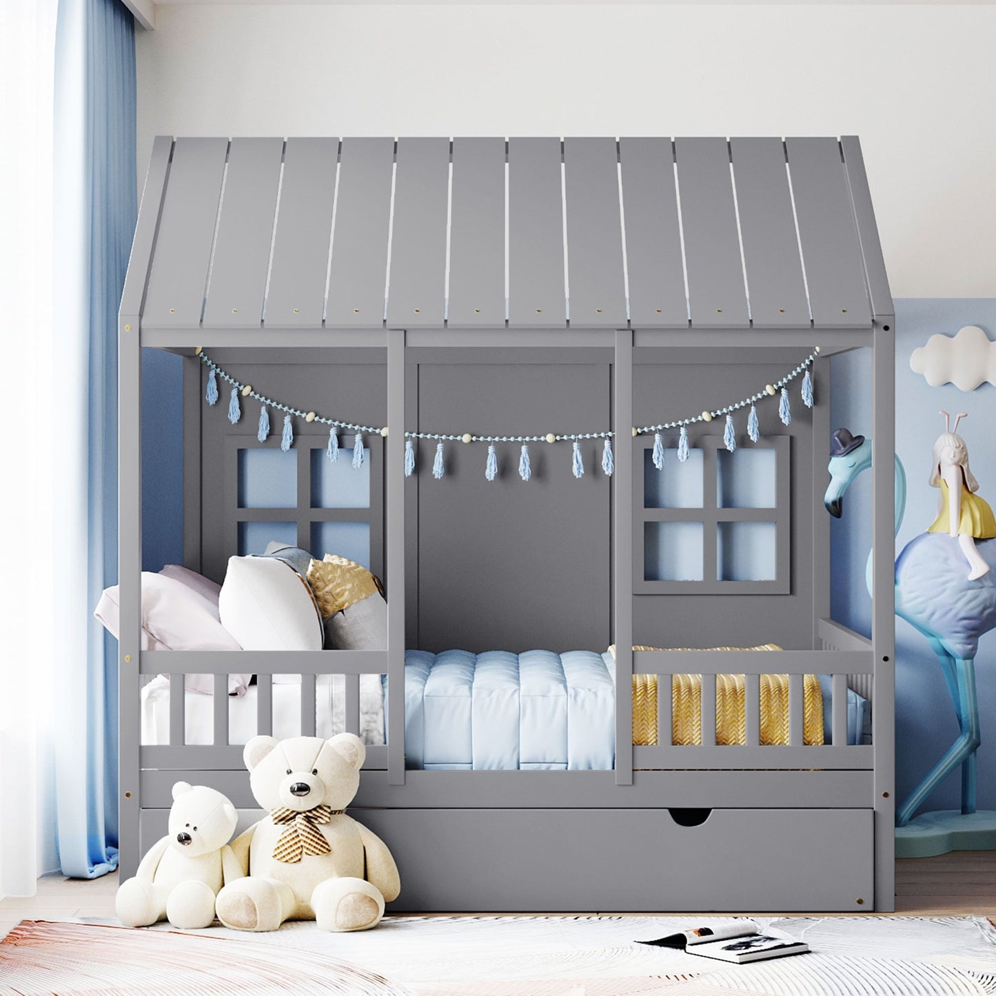 Full Size Wood House Bed With Twin Size Trundle, Wooden Daybed - 7DAY'S