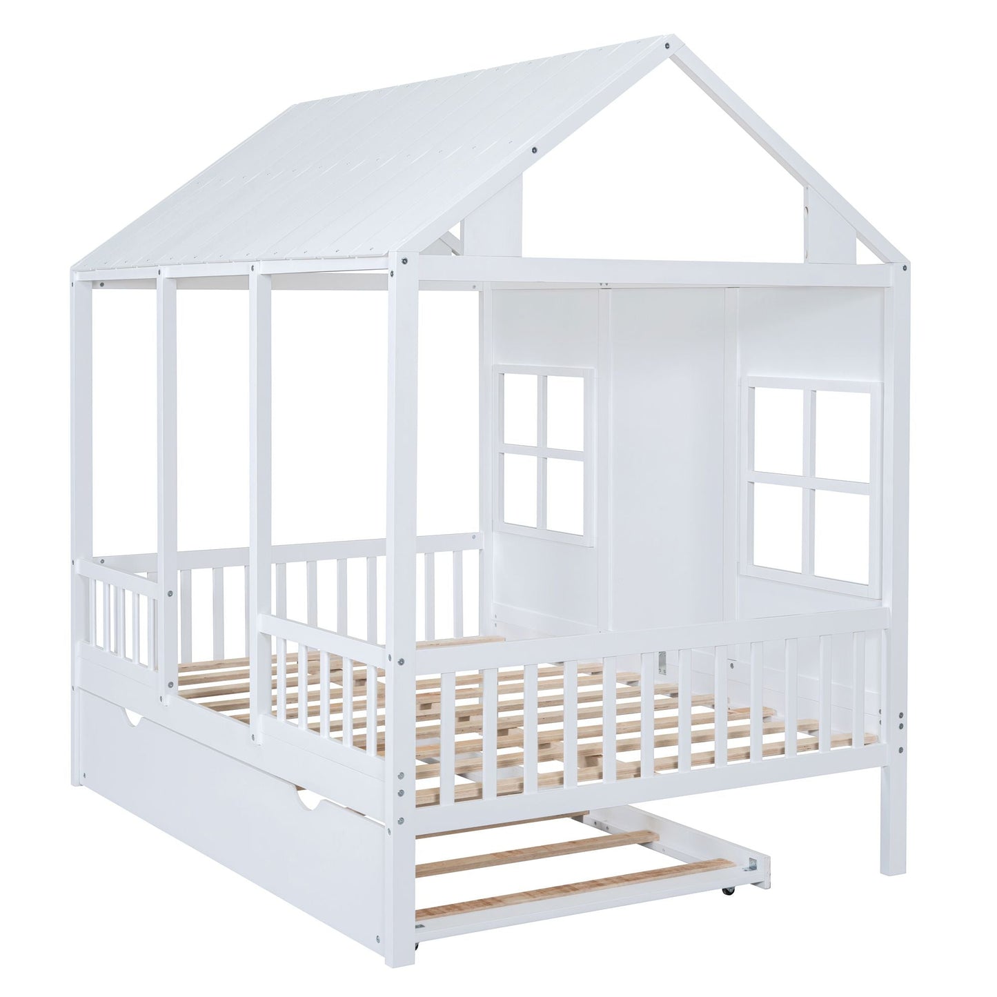 Full Size Wood House Bed With Twin Size Trundle, Wooden Daybed - 7DAY'S