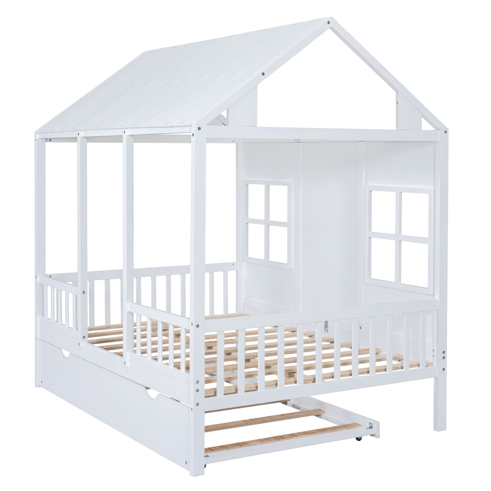 Full Size Wood House Bed With Twin Size Trundle, Wooden Daybed - 7DAY'S