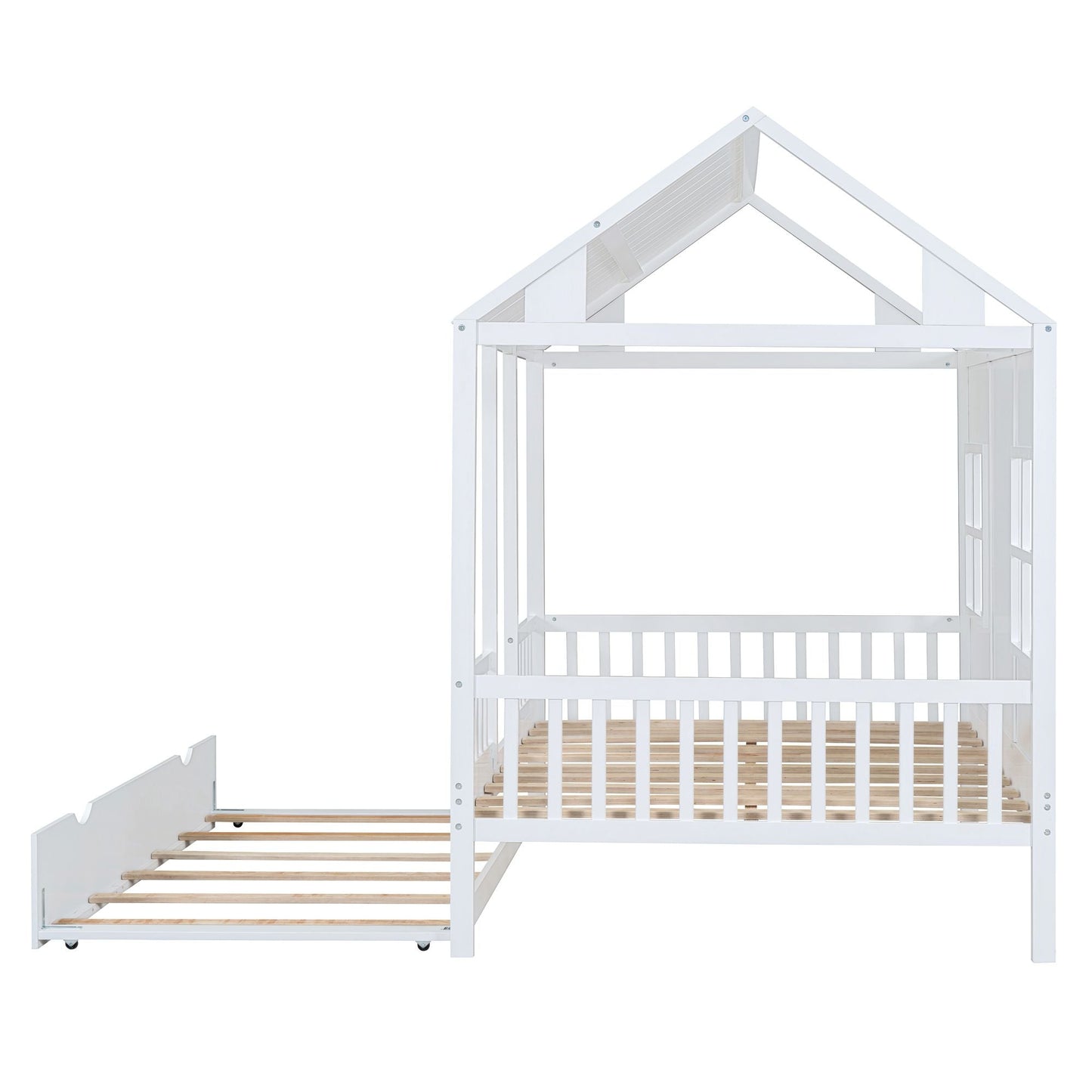 Full Size Wood House Bed With Twin Size Trundle, Wooden Daybed - 7DAY'S