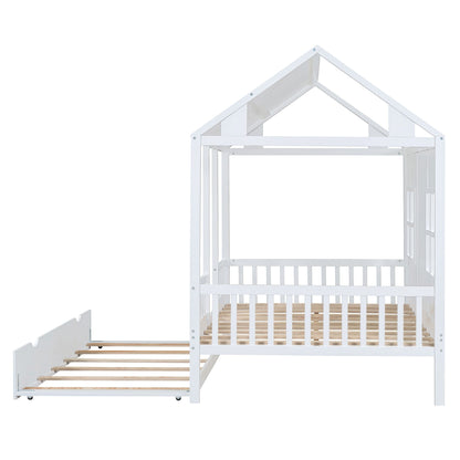 Full Size Wood House Bed With Twin Size Trundle, Wooden Daybed - 7DAY'S