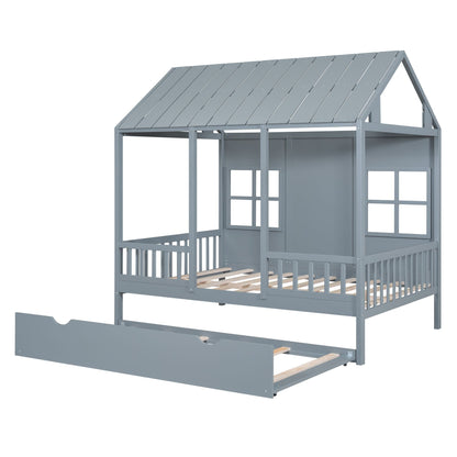 Full Size Wood House Bed With Twin Size Trundle, Wooden Daybed - 7DAY'S