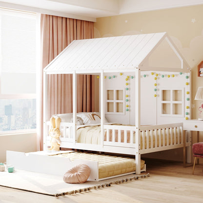 Full Size Wood House Bed With Twin Size Trundle, Wooden Daybed - 7DAY'S