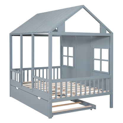 Full Size Wood House Bed With Twin Size Trundle, Wooden Daybed - 7DAY'S