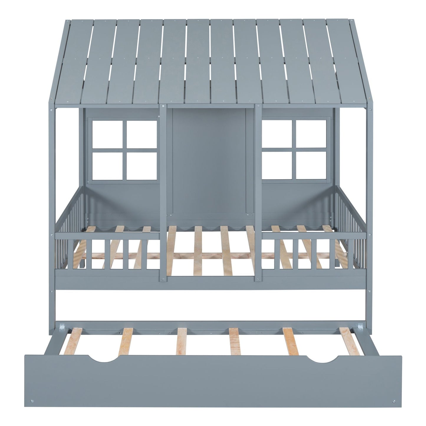 Full Size Wood House Bed With Twin Size Trundle, Wooden Daybed - 7DAY'S