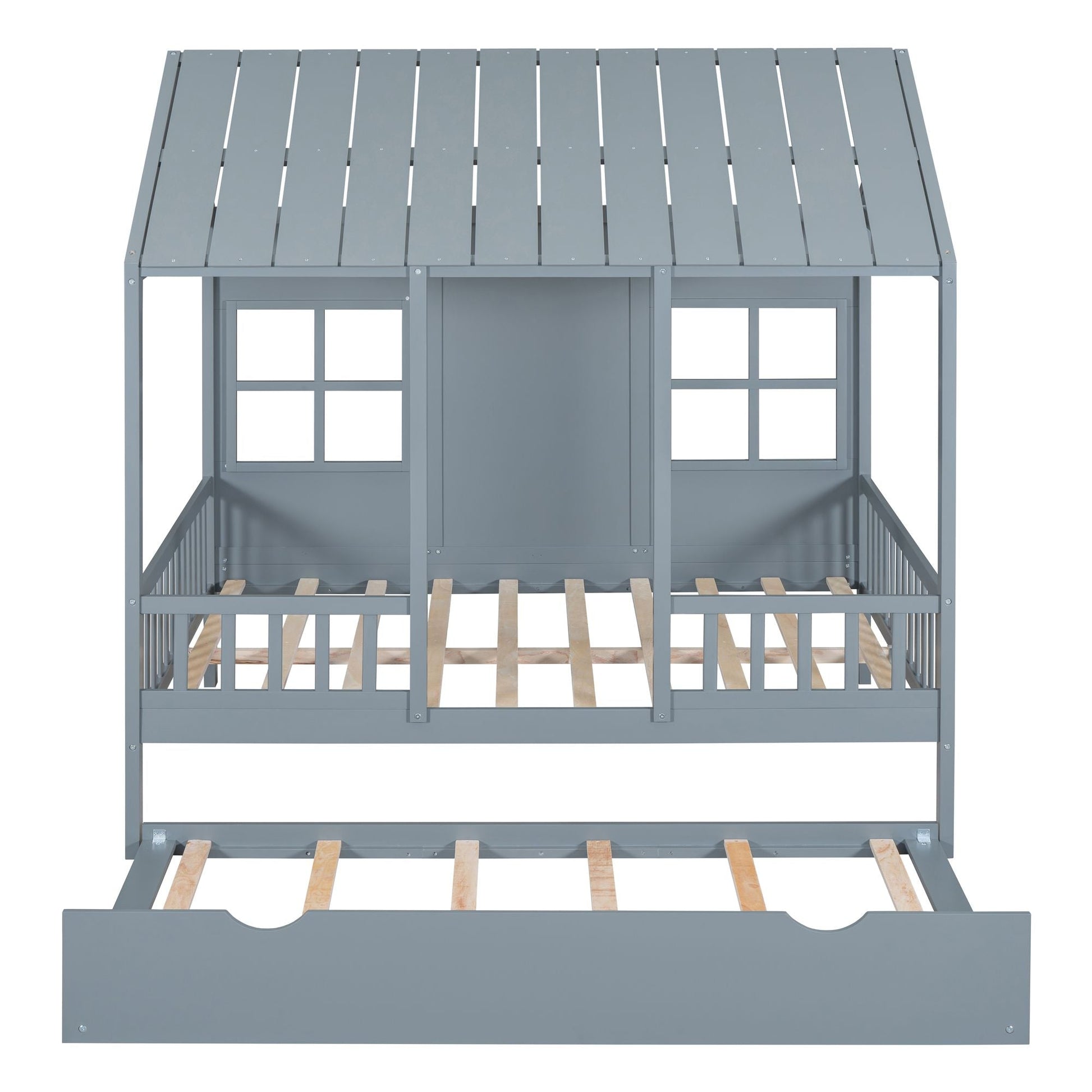 Full Size Wood House Bed With Twin Size Trundle, Wooden Daybed - 7DAY'S
