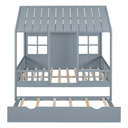 Full Size Wood House Bed With Twin Size Trundle, Wooden Daybed - 7DAY'S