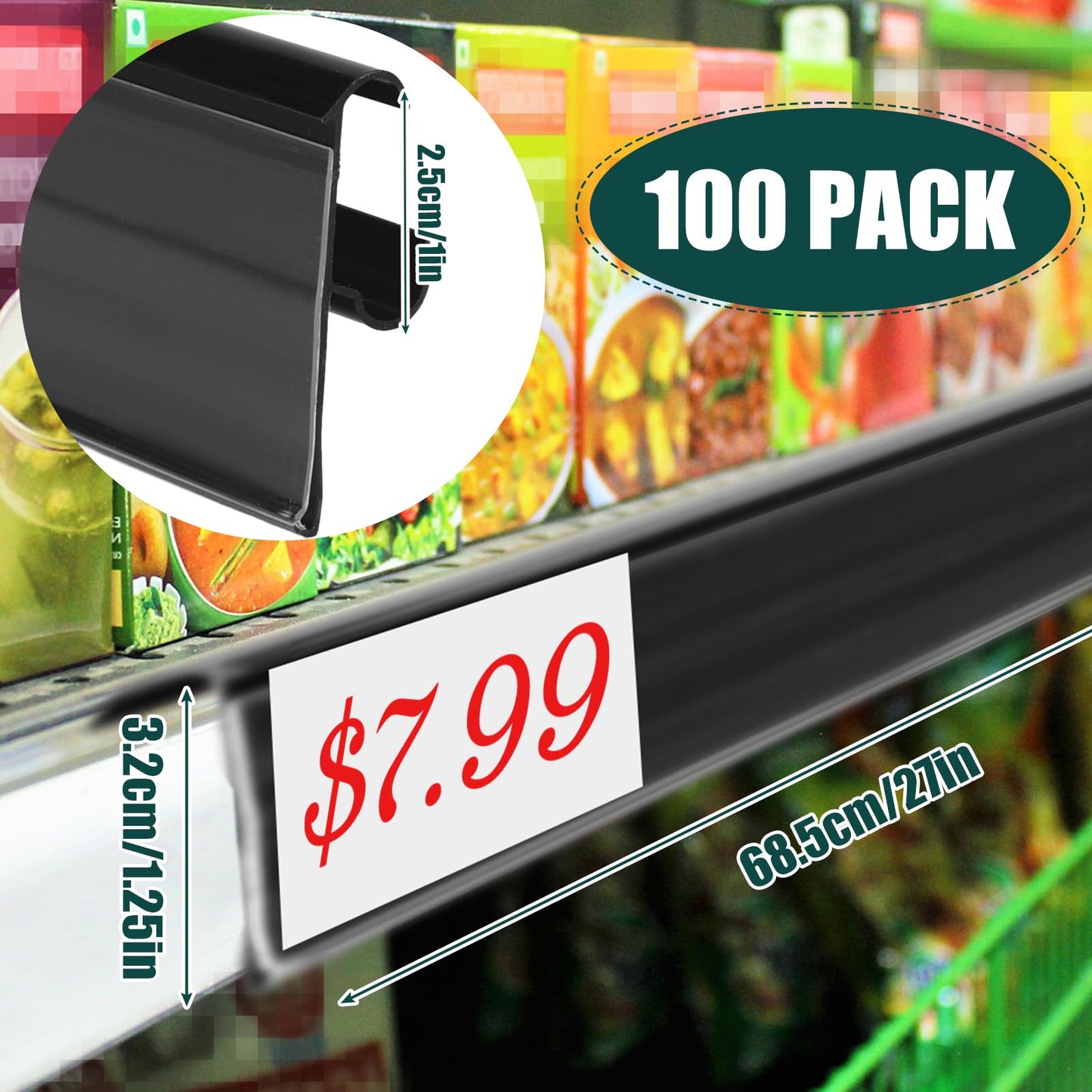 Fulmoon 50 Pcs 27 x 1.26 Inch Wire Shelf Label Holder Strip Price Tag Black Back Plastic Label Holder with Clear PVC Cover Black Back for Refrigeration Cases Cooler Shelf - 7DAY'S