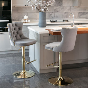 Furniture,Golden Swivel Velvet Barstools Adjusatble Seat Height from 25-33 Inch, Modern Upholstered Bar Stools with Backs Comfortable Tufted for Home Pub and Kitchen Island