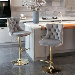 Furniture,Golden Swivel Velvet Barstools Adjusatble Seat Height from 25-33 Inch, Modern Upholstered Bar Stools with Backs Comfortable Tufted for Home Pub and Kitchen Island(Gray,Set of 2)