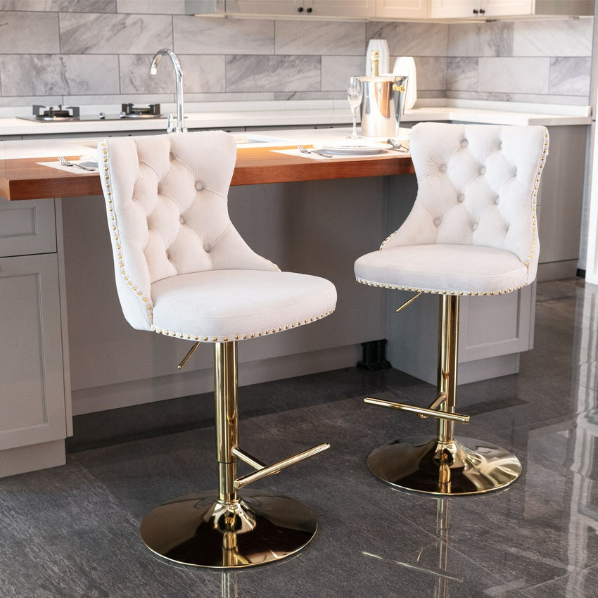 Furniture,Golden Swivel Velvet Barstools Adjusatble Seat Height from 25 - 33 Inch, Modern Upholstered Bar Stools with Backs Comfortable Tufted for Home Pub and Kitchen Island - 7DAY'S