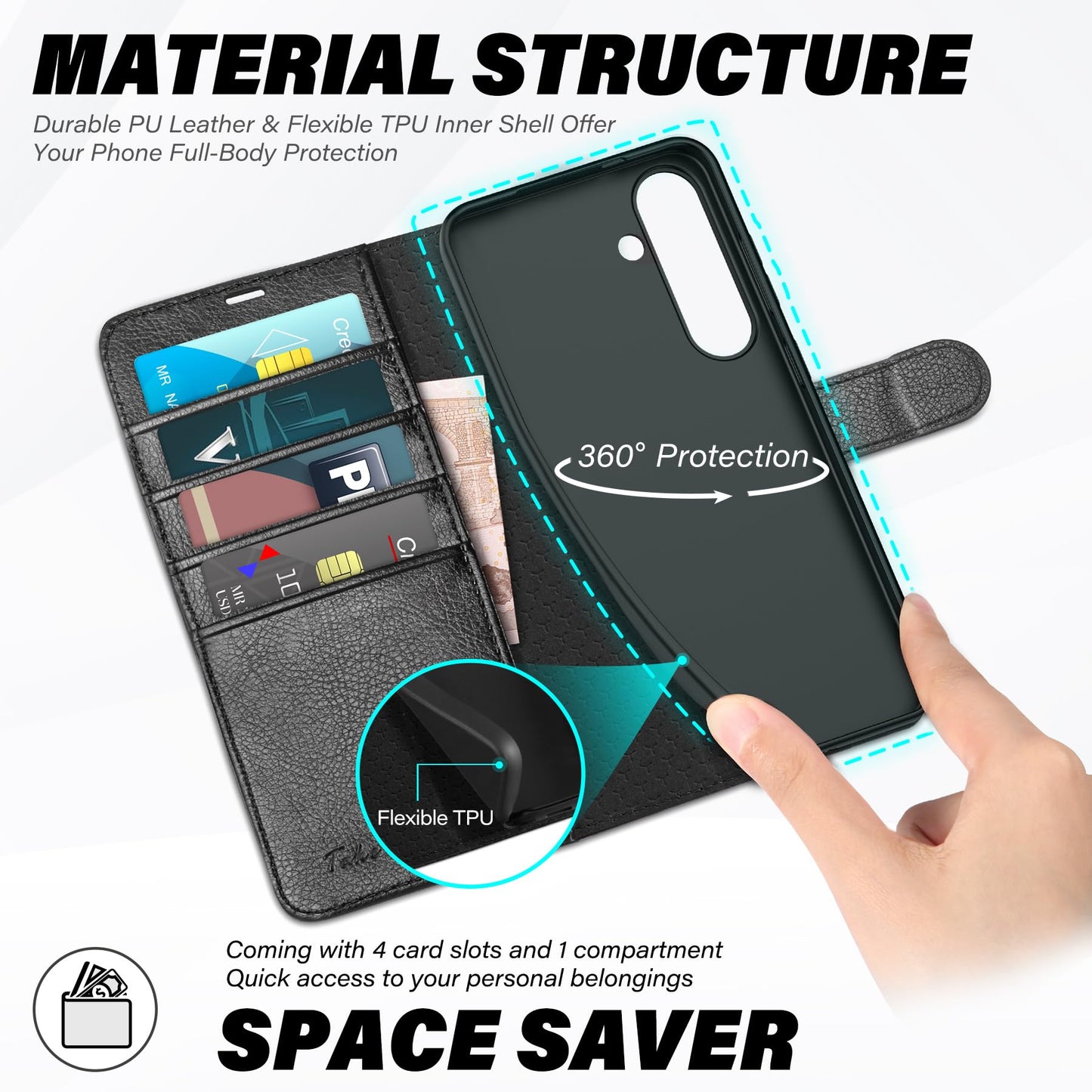 Galaxy S25 Ultra, Kickstand [RFID Blocking] Card Holder, Folio Magnetic PU Leather [TPU Shockproof Interior Case] Protective Folio Cover Compatible with Galaxy S25 Ultra, Black - 7DAY'S