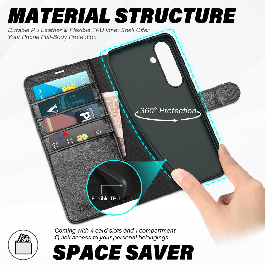 Galaxy S25 Ultra, Kickstand [RFID Blocking] Card Holder, Folio Magnetic PU Leather [TPU Shockproof Interior Case] Protective Folio Cover Compatible with Galaxy S25 Ultra, Black - 7DAY'S