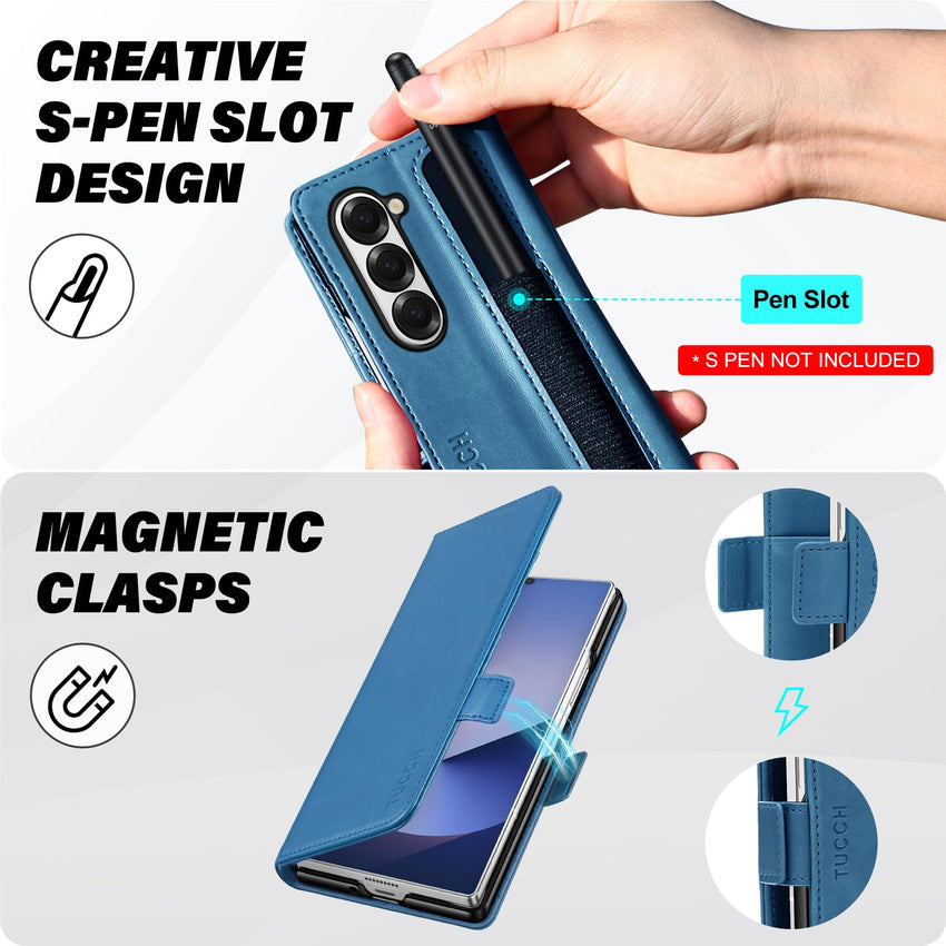 Galaxy Z Fold6 Wallet Case with S Pen Holder, PU Leather Flip Folio, Card Slots, RFID Blocking, Kickstand, Phone Cover for Galaxy Z Fold 6 2024 - Black - 7DAY'S