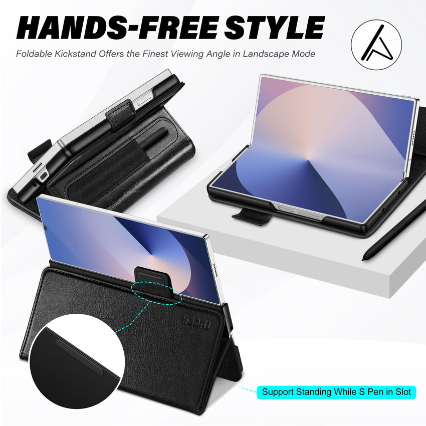 Galaxy Z Fold6 Wallet Case with S Pen Holder, PU Leather Flip Folio, Card Slots, RFID Blocking, Kickstand, Phone Cover for Galaxy Z Fold 6 2024 - Black - 7DAY'S