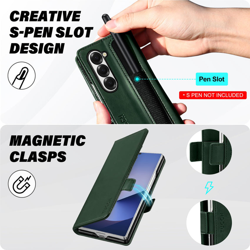 Galaxy Z Fold6 Wallet Case with S Pen Holder, PU Leather Flip Folio, Card Slots, RFID Blocking, Kickstand, Phone Cover for Galaxy Z Fold 6 2024 - Black - 7DAY'S