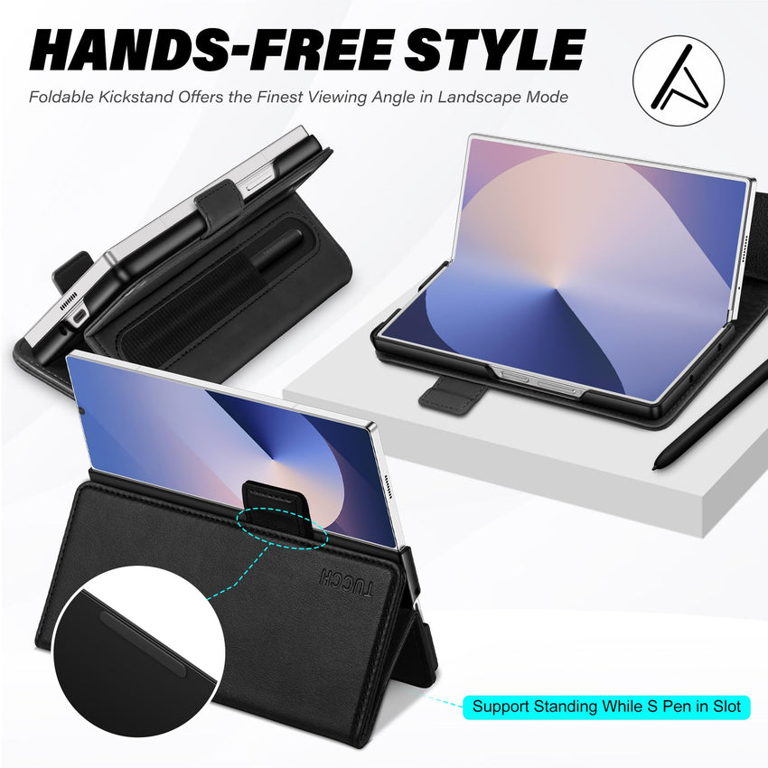 Galaxy Z Fold6 Wallet Case with S Pen Holder, PU Leather Flip Folio, Card Slots, RFID Blocking, Kickstand, Phone Cover for Galaxy Z Fold 6 2024 - Black - 7DAY'S