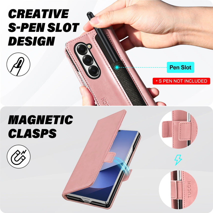 Galaxy Z Fold6 Wallet Case with S Pen Holder, PU Leather Flip Folio, Card Slots, RFID Blocking, Kickstand, Phone Cover for Galaxy Z Fold 6 2024 - Black - 7DAY'S